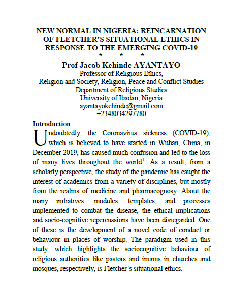 New Normal in Nigeria: Reincarnation of Fletcher’s Situational Ethics in Response to The Emerging COVID-19