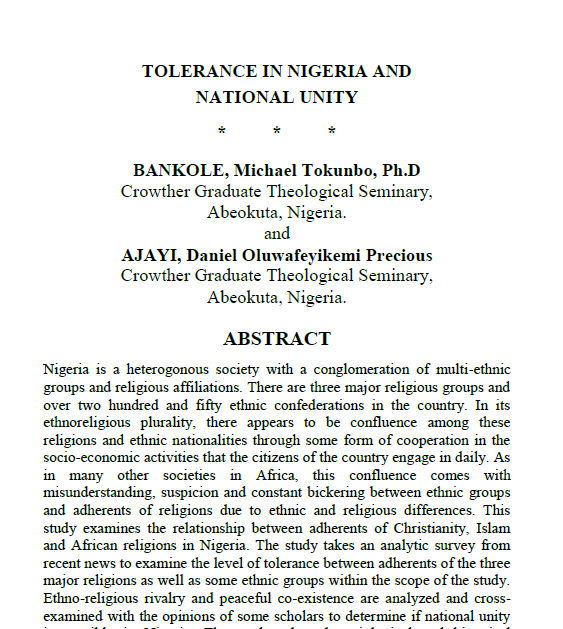 Tolerance in Nigeria and National Unity