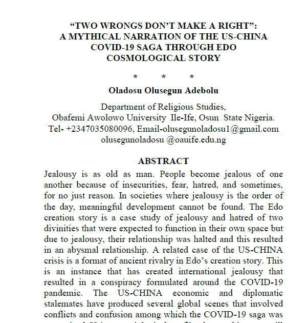 “Two Wrongs Don’t Make a Right”: A Mythical Narration of The US-China Covid-19 Saga Through Edo Cosmological Story