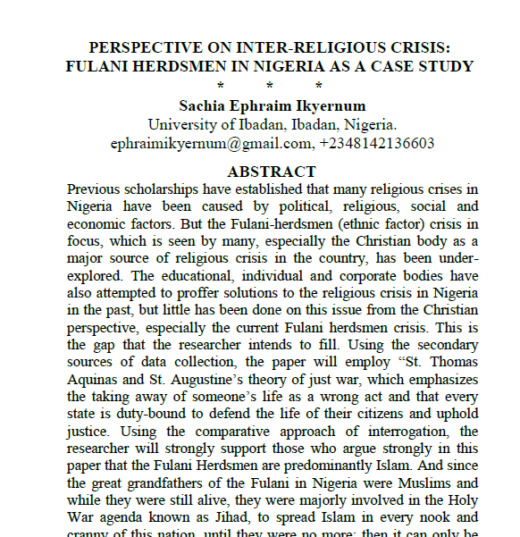 Perspective on inter-religious crisis… Fulani herdsmen in Nigeria as a case study