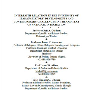 Interfaith Relations in the University of Ibadan: History, Developments and Contemporary Challenges in the Context of National Integration