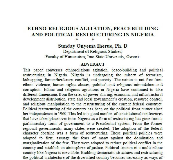 Ethno-Religious Agitation, Peacebuilding and Political Restructuring in Nigeria