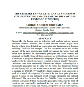 The Sanitary Law of Leviticus as a Nostrum For Preventing and Curtailing the Covid-19 Pandemic in Nigeria