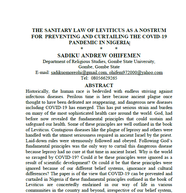 The Sanitary Law of Leviticus as a Nostrum For Preventing and Curtailing the Covid-19 Pandemic in Nigeria
