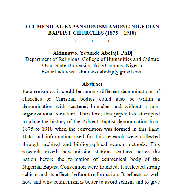 Ecumenical Expansionism Among Nigerian Baptist Churches (1875 – 1918)