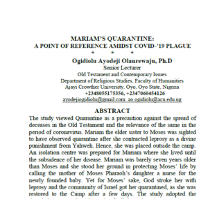 Mariam’s quarantine: A point of reference amidst Covid-’19 plague