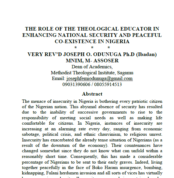 The Role of the Theological Educator in Enhancing National Security and Peaceful Co-Existence in Nigeria