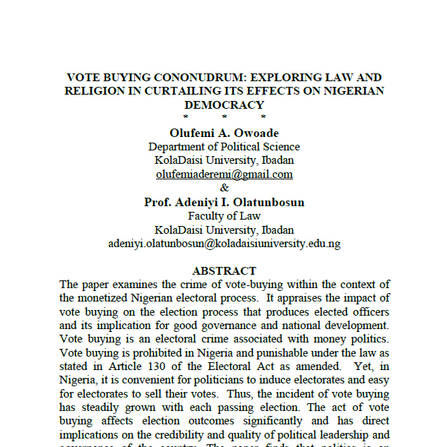 Vote Buying Conundrum: Exploring Law and Religion in Curtailing Its Effects on Nigerian Democracy