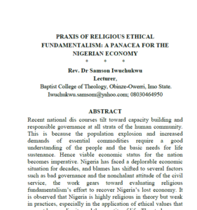 Praxis Of Religious Ethical Fundamentalism: A Panacea for the Nigerian Economy