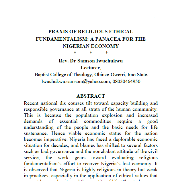Praxis Of Religious Ethical Fundamentalism: A Panacea for the Nigerian Economy