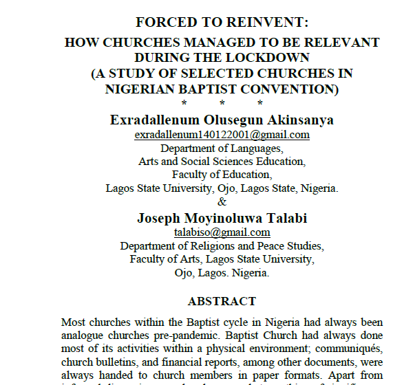 Forced To Reinvent: How Churches Managed to be Relevant During the Lockdown(A Study Of Selected Churches in Nigerian Baptist Convention)